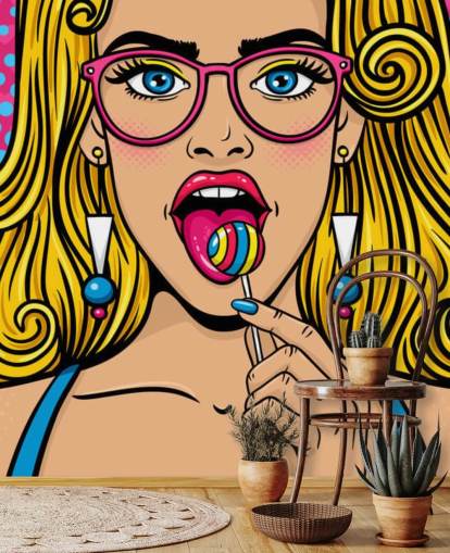 blond girl wearing glasses with lollypop in mouth wallpaper