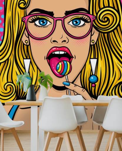 blond girl wearing glasses with lollypop in mouth wallpaper