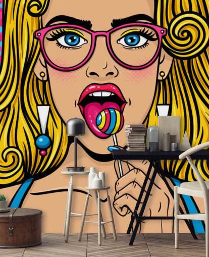 blond meisje draagt een bril met lollypop in mond behang blond meisje draagt een bril met lollypop in mond behang