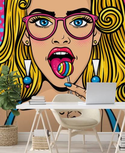 blond girl wearing glasses with lollypop in mouth wallpaper