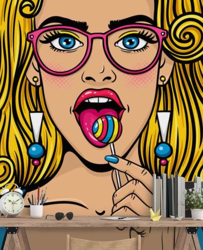 chica rubia con gafas con piruleta en la boca fondo de pantalla