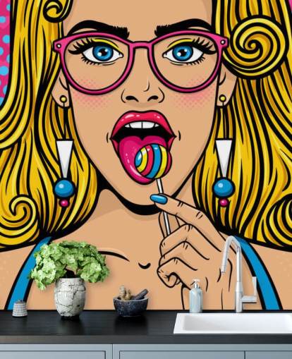 blond girl wearing glasses with lollypop in mouth wallpaper