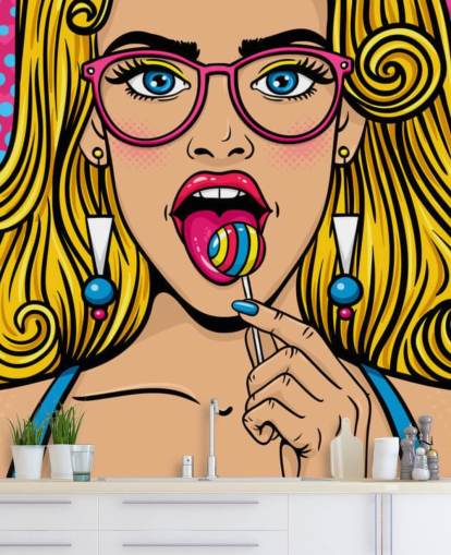 blond girl wearing glasses with lollypop in mouth wallpaper