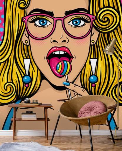 chica rubia con gafas con piruleta en la boca fondo de pantalla