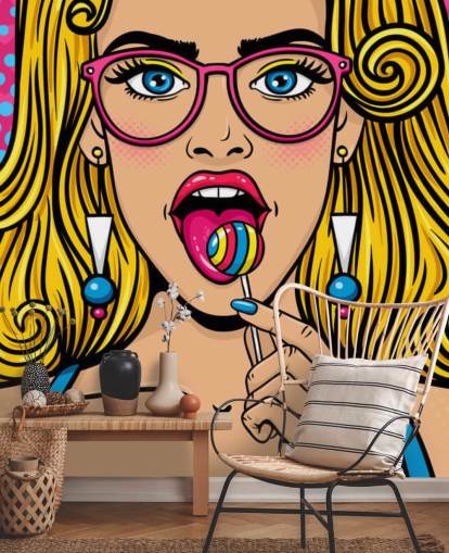 blond meisje draagt een bril met lollypop in mond behang