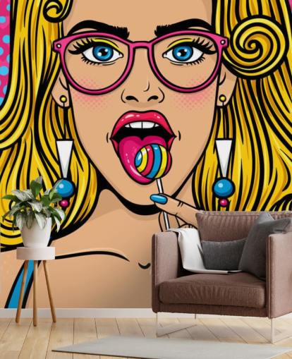 blond girl wearing glasses with lollypop in mouth wallpaper
