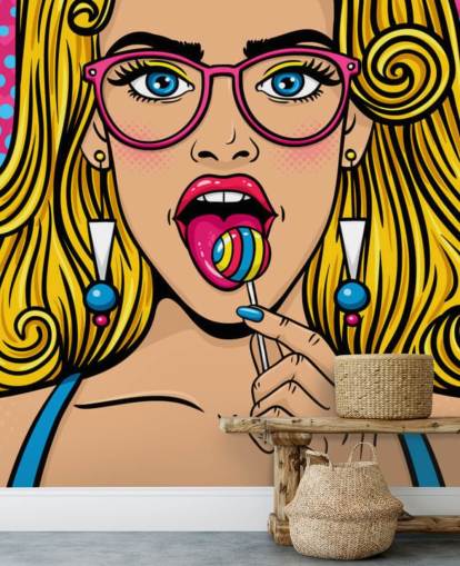 blond girl wearing glasses with lollypop in mouth wallpaper