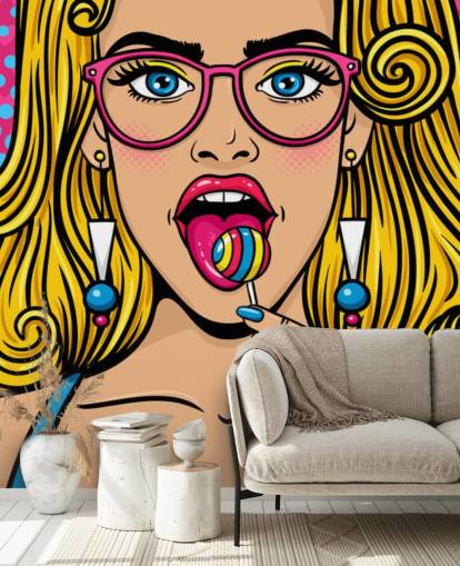 blond girl wearing glasses with lollypop in mouth wallpaper