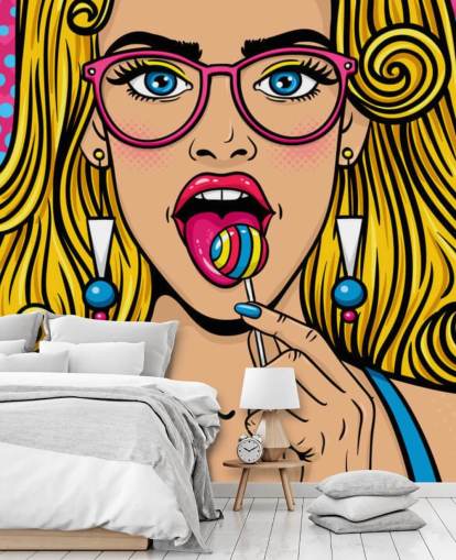 blond girl wearing glasses with lollypop in mouth wallpaper