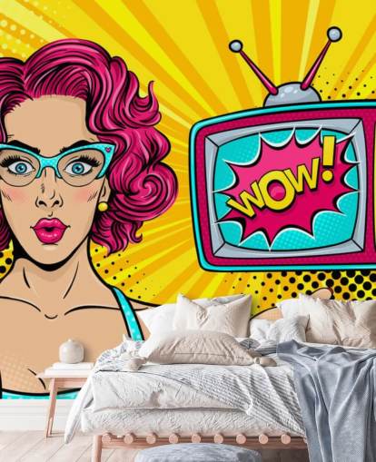 vaaleanpunainen tukka retro nainen silmälasit tv sanomalla wow ruudulla seinämaalaus