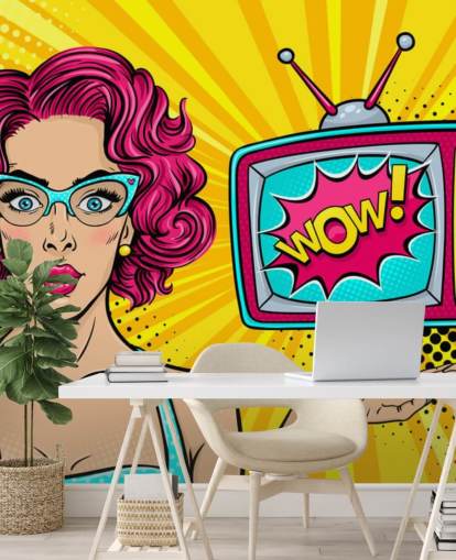pink haired retro woman wearing glasses with tv saying wow on the screen wall mural pink haired retro woman wearing glasses with tv saying wow on the screen wall mural