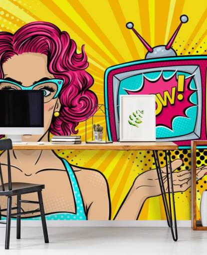 mujer retro de pelo rosa con gafas y tv diciendo wow en el mural de la pared de la pantalla