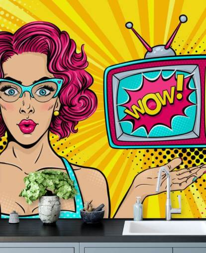 pink haired retro woman wearing glasses with tv saying wow on the screen wall mural