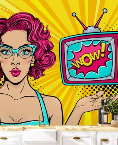 pink haired retro woman wearing glasses with tv saying wow on the screen wall mural