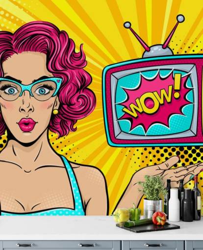 mujer retro de pelo rosa con gafas y tv diciendo wow en el mural de la pared de la pantalla