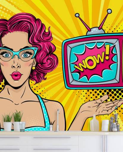 pink haired retro woman wearing glasses with tv saying wow on the screen wall mural pink haired retro woman wearing glasses with tv saying wow on the screen wall mural