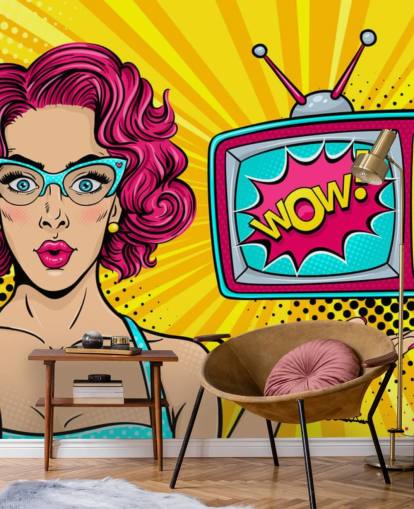 mulher retrô de cabelo rosa usando óculos com tv dizendo uau no mural de parede de tela mulher retrô de cabelo rosa usando óculos com tv dizendo uau no mural de parede de tela
