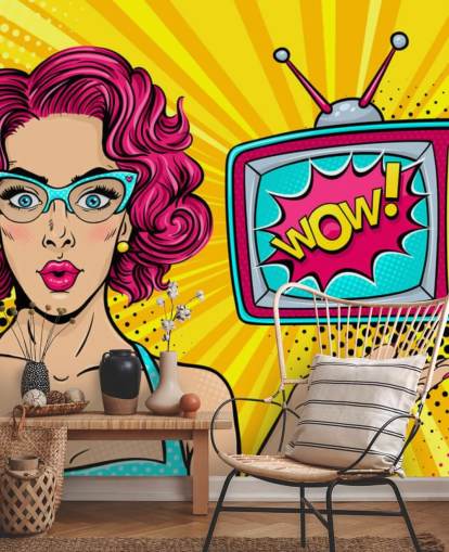 rosa haired retro kvinne iført briller med tv sier wow på skjermen veggmaleri rosa haired retro kvinne iført briller med tv sier wow på skjermen veggmaleri