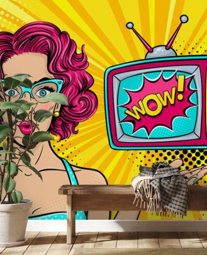 pink haired retro woman wearing glasses with tv saying wow on the screen wall mural pink haired retro woman wearing glasses with tv saying wow on the screen wall mural