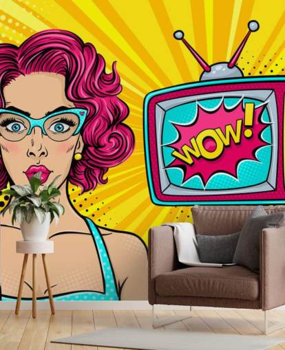 pink haired retro woman wearing glasses with tv saying wow on the screen wall mural pink haired retro woman wearing glasses with tv saying wow on the screen wall mural