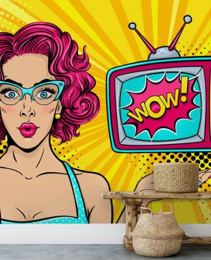 pink haired retro woman wearing glasses with tv saying wow on the screen wall mural