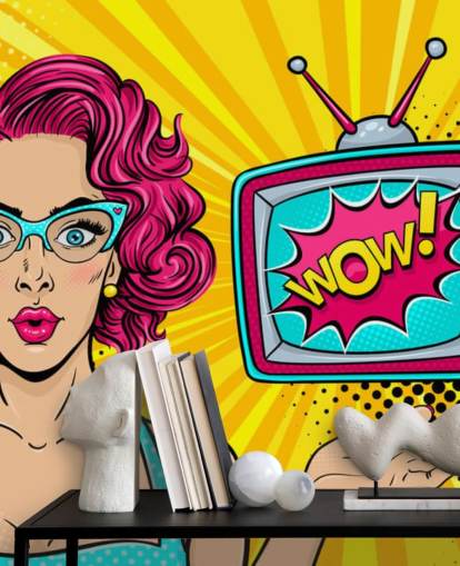 pink haired retro woman wearing glasses with tv saying wow on the screen wall mural