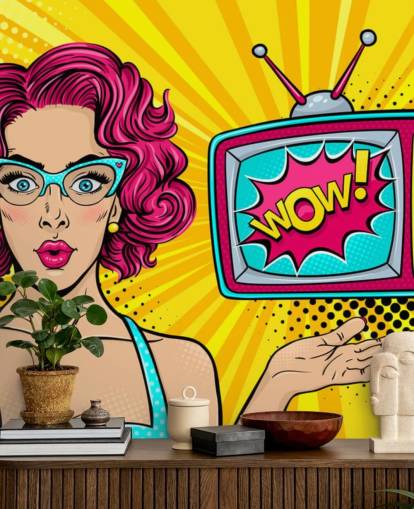 pink haired retro woman wearing glasses with tv saying wow on the screen wall mural