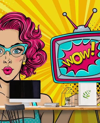 pink haired retro woman wearing glasses with tv saying wow on the screen wall mural