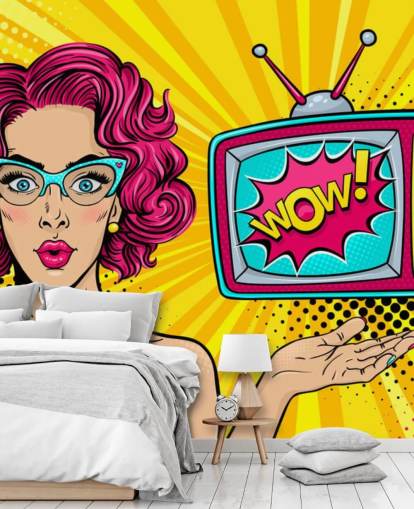 pink haired retro woman wearing glasses with tv saying wow on the screen wall mural