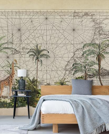 girafa, zebra e pássaro tropical na selva da África Ocidental contra um papel de parede de fundo de mapa vintage girafa, zebra e pássaro tropical na selva da África Ocidental contra um papel de parede de fundo de mapa vintage