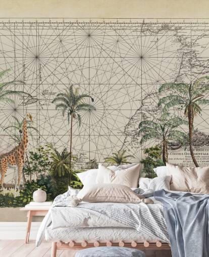 jirafa, cebra y pájaro tropical en la selva africana occidental contra un fondo de pantalla de mapa vintage