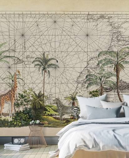 giraffe, zebra and tropical bird in western African jungle against a vintage map background wallpaper