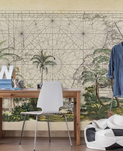 giraf, zebra og tropisk fugl i vestafrikansk jungle mod en vintage kort baggrund tapet