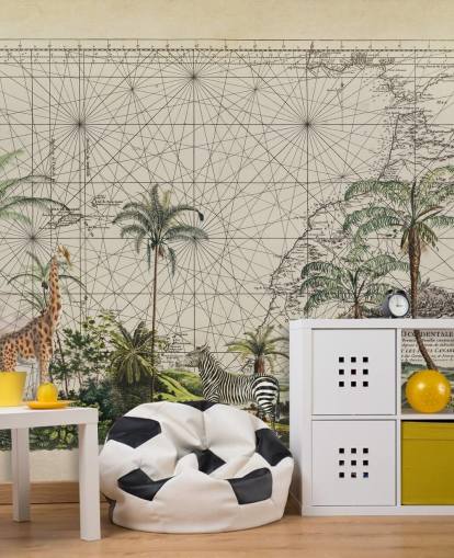 Giraffe, Zebra und tropischer Vogel im westafrikanischen Dschungel vor einer Vintage-Karte Hintergrundtapete