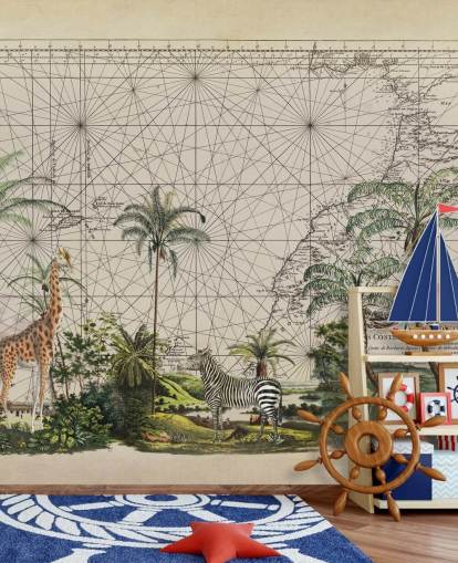 giraffe, zebra and tropical bird in western African jungle against a vintage map background wallpaper