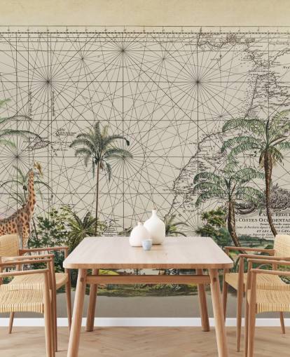 giraffe, zebra and tropical bird in western African jungle against a vintage map background wallpaper