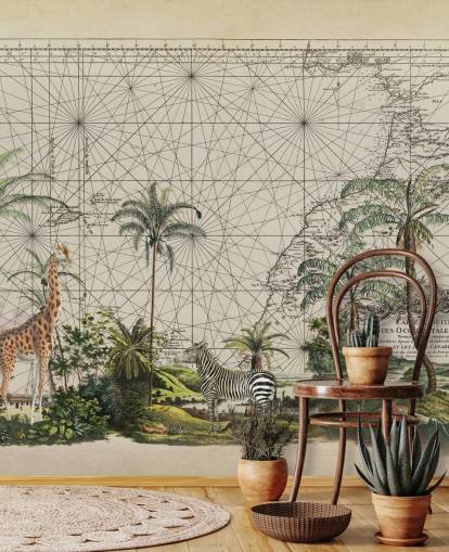 giraffe, zebra and tropical bird in western African jungle against a vintage map background wallpaper