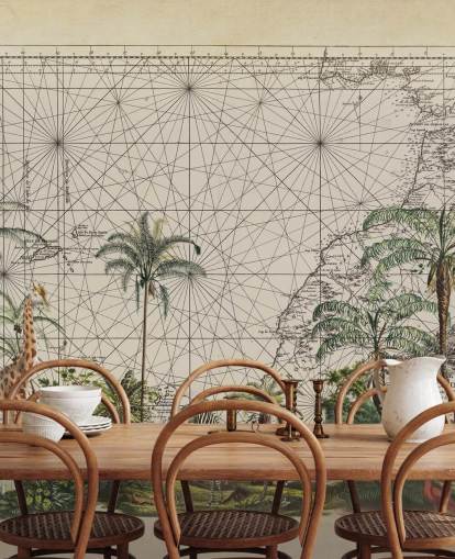 jirafa, cebra y pájaro tropical en la selva africana occidental contra un fondo de pantalla de mapa vintage