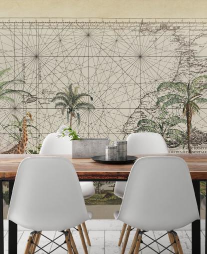 girafa, zebra e pássaro tropical na selva da África Ocidental contra um papel de parede de fundo de mapa vintage girafa, zebra e pássaro tropical na selva da África Ocidental contra um papel de parede de fundo de mapa vintage