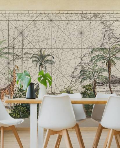 jirafa, cebra y pájaro tropical en la selva africana occidental contra un fondo de pantalla de mapa vintage