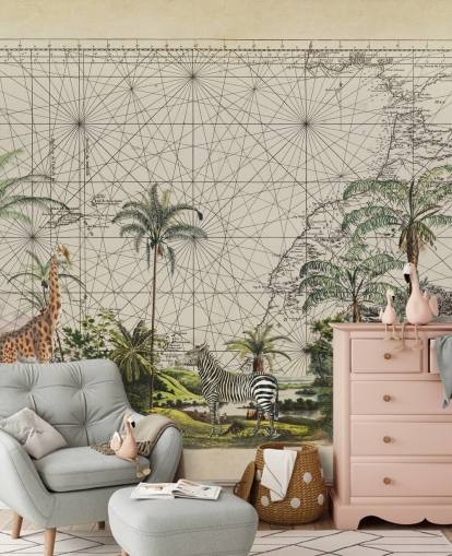 giraffe, zebra and tropical bird in western African jungle against a vintage map background wallpaper giraffe, zebra and tropical bird in western African jungle against a vintage map background wallpaper