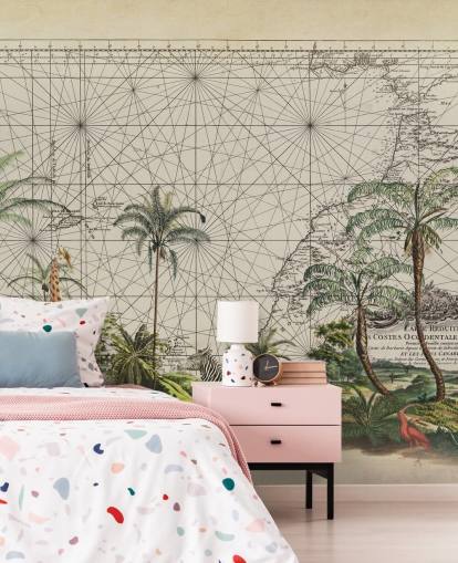 giraffe, zebra and tropical bird in western African jungle against a vintage map background wallpaper