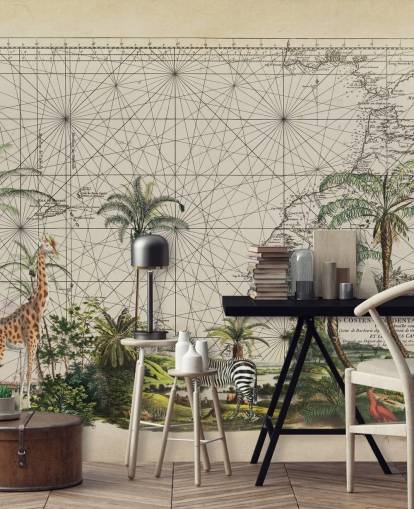giraffe, zebra and tropical bird in western African jungle against a vintage map background wallpaper