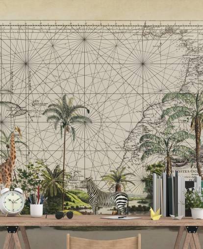 giraffe, zebra and tropical bird in western African jungle against a vintage map background wallpaper