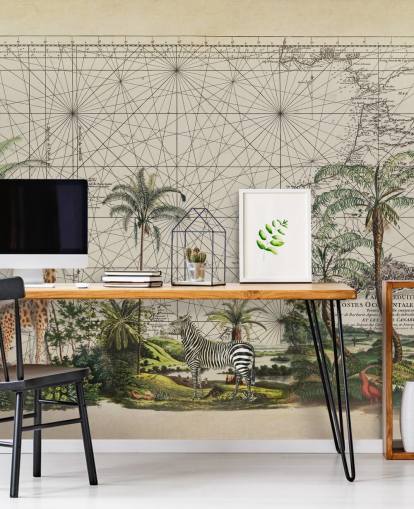 giraffe, zebra and tropical bird in western African jungle against a vintage map background wallpaper giraffe, zebra and tropical bird in western African jungle against a vintage map background wallpaper