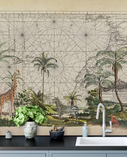 giraffe, zebra and tropical bird in western African jungle against a vintage map background wallpaper