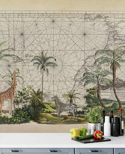 giraf, zebra en tropische vogel in West-Afrikaanse jungle tegen een vintage kaart achtergrondbehang giraf, zebra en tropische vogel in West-Afrikaanse jungle tegen een vintage kaart achtergrondbehang