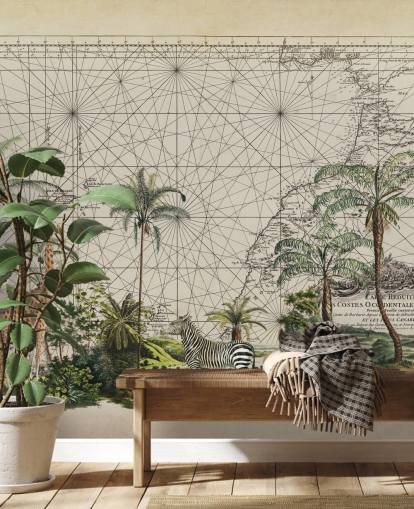 jirafa, cebra y pájaro tropical en la selva africana occidental contra un fondo de pantalla de mapa vintage