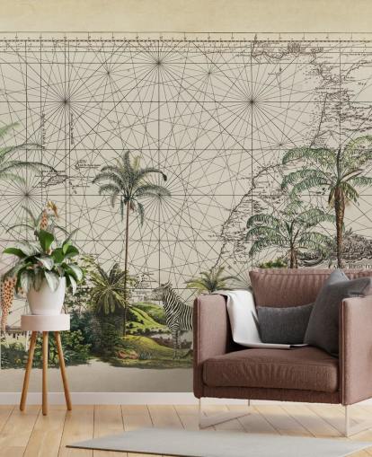 giraffe, zebra and tropical bird in western African jungle against a vintage map background wallpaper