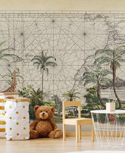 Giraffe, Zebra und tropischer Vogel im westafrikanischen Dschungel vor einer Vintage-Karte Hintergrundtapete